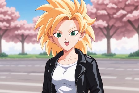 source_anime, score_9, score_8_up, score_7_up, anime screencap, absurd res,
gine, official style, super saiyan, 1girl, solo, breasts, looking at viewer, blonde hair, long sleeves, upper body, outdoors, blurry, green eyes, happy, blurry background, spiked hair, street, leather jacket, white shirt, smile, fingernails, eyelashes, collarbone, arms at sides, upper teeth, jeans, cherry blossom tree, day, blue sky
 <lora:Gine_v1:0.8>