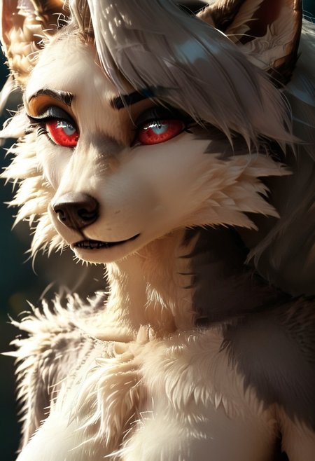 Score_9, loona, helluva_boss, furry, anthro, short hair, grey hair, animal ears, tail, dog girl, wolf girl, animal nose, dog tail, furry female, wolf tail, furry, wolf ears, dog ears, snout, two-tone fur, grey fur, furrification, makeup, fur, fur trim,  absurd res, red scelera, sharp focus, <lora:more_details:1.0> detailed background, volumetric lighting, detailed skin, detailed hair, extremely detailed, ultra 8k quality, white iris, high gradient eyes, medium breasts, flat color, dark theme, high definition eyes, fluffynegative, , white snout, 
Hyperrealistic, photorealistic, realistic, ultrarealistic, high definition, Fluffy, detailed fur, eyesHD, detailed_eye_model, highres, super high resolution, 8k,