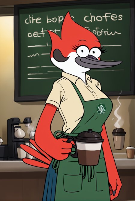 score_9, score_8_up, score_8,
 <lora:Margret_Smith_Regular_Show_for_PonyXL:0.8> 1girl, furry female, m4rgr3t, avian, solo, tail, shirt, skirt, 
parody, source_cartoon,
coffee shop, apron, uniform, smile,