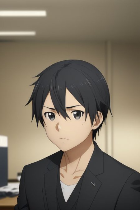 high resolution, solo, best quality, 1Boy, Kazuto Kirigaya, portraits, Black Hair, Black Eyes, suit, worklife, workspace, OverallDetail