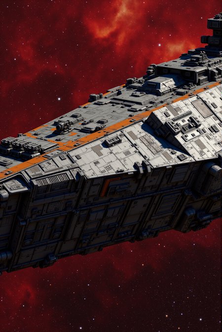<lora:SpaceCraft_v.3:0.8>
A blocky, wedge-shaped war freighter coasts through deep space, its weathered gray hull streaked with faded orange combat paint and scarring from past skirmishes. Dozens of exposed gun turrets, comms dishes, and vented thruster nacelles cluster around the dorsal spine, suggesting a design built for brute-force planetary sieges. Deep mechanical wells, retro-thrusters, and maintenance hatches pattern the undercarriage, while reinforced corner plating adds visual weight to the shipâs otherwise sharp silhouette. The red-toned starfield behind it sparkles with scattered galaxies, giving scale and distance. Presented from a diagonal rear-quarter view, the ship fuses utilitarian realism and classic sci-fi warship tropes, styled with textured matte surfacing and sharp-rimmed light bounce.