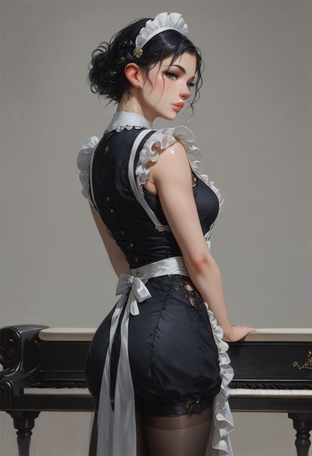 score_9, score_8_up, score_7_up, score_6_up, score_9, score_8_up,body shot, 3/4 front shot,
1girl*, Russian womman,(((20yo))),pretty neutral face, standing in victorian maid cloth, panntyhose, black pantyhose, curly mid length hair, (boobs:1.5),white panty, hand in back, look away from viewer,playing piano
(Red wet tiny lips),elegant