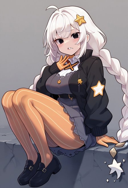 toriniku29, orange pantyhose, long hair, braid, black eyes, empty eyes, sharp teeth, teeth, pantyhose, white hair, dress, hair ornament, ahoge, jacket, twin braids, breasts, shoes, striped, black jacket, star (symbol), very long hair, gradient, black footwear, long sleeves, striped pantyhose, blush, bangs, medium breasts, orange gloves, large breasts, vertical-striped pantyhose