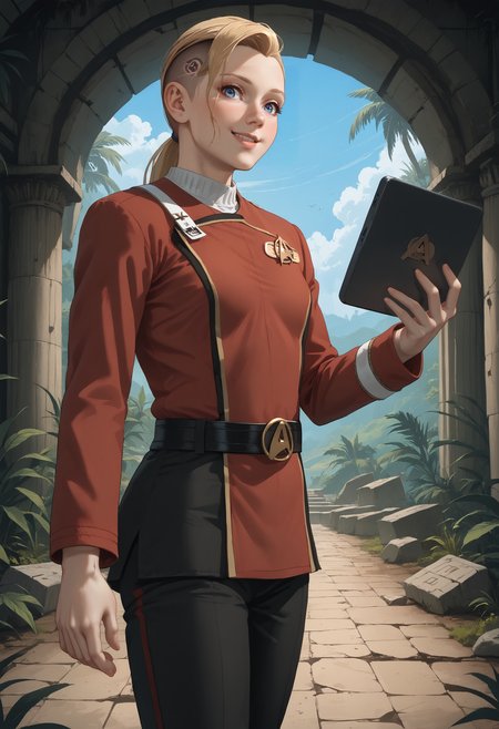 score_9, score_8_up, score_7_up, source_anime, head tilt, happy, smile, full body shot, (standing), looking down, holding tablet pc, (from side:1.1), 
BREAK
<lora:KaraDBH:0.85> 1girl, long hair, blonde hair, (side shaved:1.6), (half shaved:1.5), blue eyes, lips, small breasts, (slim hips:1.1), (skinny:1.2), slender, athletic, 
BREAK
<lora:TWOKpony:1> twokunf, star trek red uniform, long sleeves, black belt, black pants, boots,
BREAK
<lora:StS_PonyXL_Detail_Slider_v1.4_iteration_3 (1):3>, scenery, outdoors, ancient temple background, jungle, moss, ruins, 
BREAK
volumetric lighting, depth of field, cinematic, vibrant, shadows, detailed, high contrast,âââ <lora:vivid_everclear:0.3>,âââ