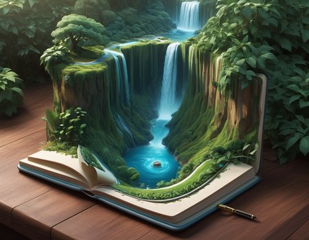 Abstract style (Digital Artwork:1.3) of (Realistic:1.3) <lora:Book_FFusion_32:0.6> a notebook with a waterfall on it, 3 d epic illustrations, highly detailed illustration, hyperrealistic illustration, ultra detailed illustration, matte illustration, very detailed illustration, detailed painting 4 k, a beautiful artwork illustration, realistic fantasy illustration, high detailed illustration, photorealistic illustration, highly detailed 4 k art, stunning digital illustration, detailed digital 3d art, amazing wallpaper,CGSociety,ArtStation,(Abstract Art:1.3),(Surrealism Art:1.3),(Geometric Abstract Art:1.3) . Non-representational, colors and shapes, expression of feelings, imaginative, highly detailed