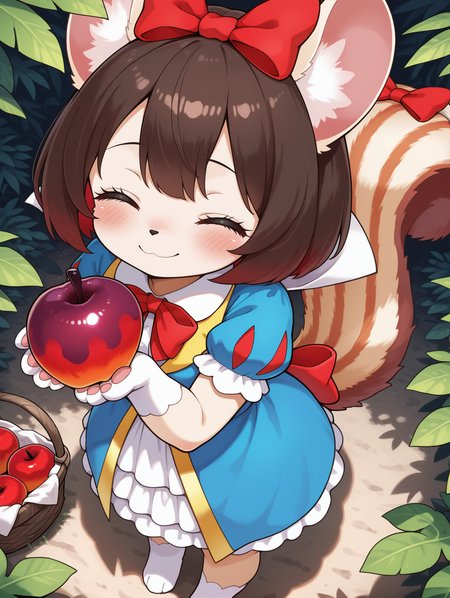fairy tail - snow,1girl,apple,solo,smile,white paw gloves,holding backet,looking at viewer,red bow,blush,simple background,tail ornament,blue frilled dress,closed mouth,standing,squirrel girl,white paw socks,from above,animal nose,body fur,jungle,closed eyes, blush, 
masterpiece,best quality,amazing quality,very aesthetic,absurdres,newest,<lora:Fairy Tail snow illuXL v1.1:0.77>,