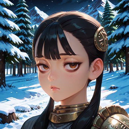<lora:ChamIllustriousBackgroundEnhancer:0.5>, masterpiece, very aesthetic, absurdres, best quality, amazing quality, high resolution, newest, very awa, scenery,  (looking at viewer),  <lora:spo_sdxl_10ep_4k-data_lora_Illustrious:0.8> <lora:StabilizerIllustrious:0.8> , masterpiece, beautifully drawn, elegantly detailed, solo,  <lora:AsheiIL:0.8> , AshDef, 1girl, black hair, twintails, hair over shoulder, brown eyes, bags under eyes, hair ornament, gorget, grey sweater, ribbed sweater, single pauldron, looking at viewer, tired, exterior, forest, snow, mountains, night, (close-up), portrait,