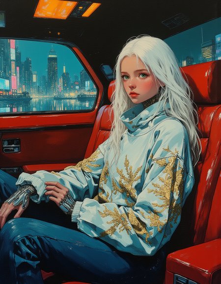 A masterwork oil painting of serene and elegant futuristic android girl who sits gracefully in the back seat of a luxurious Rolls-Royce Phantom. She looks small sitting in the opulent seat, she appears to be around 11 years old in age.  All of her exposed skin is of a shiny chrome. The car drives slowly through a futuristic cyberpunk city. The android's serene expression is highlighted by the city lights that gently illuminate her pale white flawless synthetic skin. She is graceful, poised, and sure of herself. She wears a futuristic couture designer sweater, intricately floral patterns are woven with shimmering golden threads that catch the ambient light. Her well fitted blue jeans are designer. Her arms, hands, neck, and legs are cybernetic, a blue glow emanating from her joints.  
The interior of the vehicle is opulent, with plush red leather seats and ambient lighting that casts a soft glow, enhancing the sophisticated atmosphere. In the background, the city's skyline is a dazzling array of high-tech skyscrapers and neon signs, creating a striking contrast with the timeless elegance of the Rolls-Royce.
Her green eyes, a mesmerizing blend of human-like warmth and robotic precision, gaze thoughtfully out of the window. Her sleek, white hair falls gracefully over her shoulders, complementing her futuristic yet regal aura. The night is alive with the hum of advanced vehicles and the soft murmur of the city, but she remains perfectly composed, embodying a blend of grace, power, and futuristic mystique.
She looks like a fashion model. Masterful painting, oil on canvas, Focus on the girl, shadow and light, Masterpiece, intricate lines, intriguing atmosphere, sharp magnificent details, delicate features, novuschroma, elaborate details, (2\3 rule composition:0.5), ultra detailed, romantic, Rembrandt lighting, brush stroke, lovely, del1cate_balance style, in the style of Rembrandt. vantablack <lora:style_of_Rembrandt_FLUX_135:.8> <lora:- Flux1 - vanta_black_V2.0:.6> <lora:Delicate_Balance:.3> <lora:neeeg_f1:-1> <lora:113_novuschromaFLX_1:.2> <lora:Midjourney_Whisper_Minimal:.3> <lora:CPA:.6>