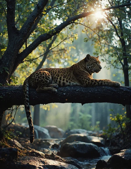 photograph taken in lush jungle lighting.  Picture a leopard with a spotted coat and whiskers, resting lengthwise on a thick, mossy tree branch. The leopard is positioned diagonally across the frame, facing right, with its tail hanging down. Dappled sunlight filters through the green leaves above, creating rim light around the leopard and casting shadows in the dense foliage behind. Below the branch, you can see rocks and more jungle vegetation. The scene is natural and serene, captured with a slightly low angle perspective, <lora:n30nfilm:0.9>, <lora:fluxenhancer:0.5>, <lora:CinematicStyleFlux_v1:0.7>, <lora:FantasyWizardWitchesFluxV2-000001:0.6>