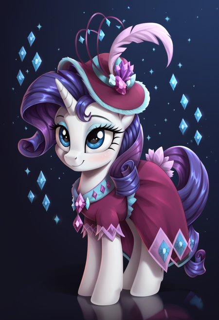 score_9, score_8_up, score_7_up, score_6_up, score_5_up, score_4_up, my little pony, ((feral pony)),   1girl, ((solo)), (sexy),beautifully detailed, (detailed cute pony face), ((detailed blue starry background:1.5)), ((woman)), high angle, (cute smile:1.0), ((up-close))  1girl, ((solo)), (sexy), full body,  <lora:Second_gala:1> rarity a bright outfit, a blue purple dress, jewelry in the form of stones and feathers, decorative hat with feathers and stones,
<lora:OtherStyle_01:1> <lora:Wholesome_MLP-v1.0:1>