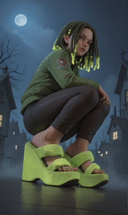 score_9, score_8_up, score_7_up, score_6_up, realistic,
wide angle, standing, low angle, foot focus, from side,
squatting,
(glowing neon footwear:1.1),
(glowing neon hair:1.15),
1girl, leather pants, green short jacket, black and green hair, dreadlocks, 
ï»¿(ï»¿m3sh heels), platform footwear,
halloween scene, fog, haunted house, night,
green toenail polish,
embedding:zPDXLrl ,
embedding:zPDXL2 ,