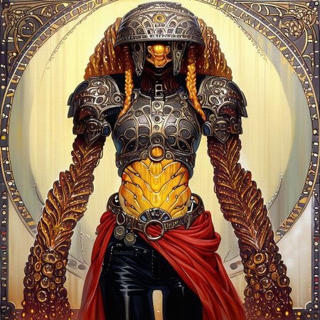 Bionic Woman,1girl, looking at looking at viewer, Heavy  braids, yellow eyes || helmet, o-ring top, red sarong, black shorts, shoulder armor, monster girl, 1girl, monster girl, gradient, colored skin, solo, covered eyes,, ultra detailed, masterpiece, best quality, aesthetic, detailed,
ArsMJStyle, Art Nouveau