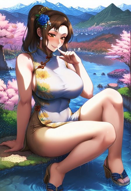 score_9, score_8_up, score_7_up,source_anime, high res image,masterpiece,best quality, 1women, mother_sv, long hair, brown hair, brown eyes, ponytail, cute, ultra detailed eyes, eyelashes, flower, hair flower, hair ornament, hair ornament on hair, ruanyi0604,white dress,china dress,floral print, white high heel sandals, larger than cities, towering over cities, bigger than cities, big breasts, giantess full body shots, giantess, giant, goddess, divine goddess, size difference, seductive smile, seductive confident expression, finger to mouth, blushing, long legs, perfect arms, perfect hands, perfect face, perfect legs, perfect thighs, perfect feet, perfect eyes, extremely beautiful, sexy, scenery, mountain background, city landscape, in a city, surrounded by buildings, houses, tall skyscrapers, dirt road, trees, forests, cherry blossoms, blue sky, mountains, fantasy, landscape, tiny people, <lora:giantess:1>, sitting, forests, lake of water, giga giantess, gts, large body, cliff, giantess sitting on a mountain cliff, water ripples, looking down, giantess at a right angle position,