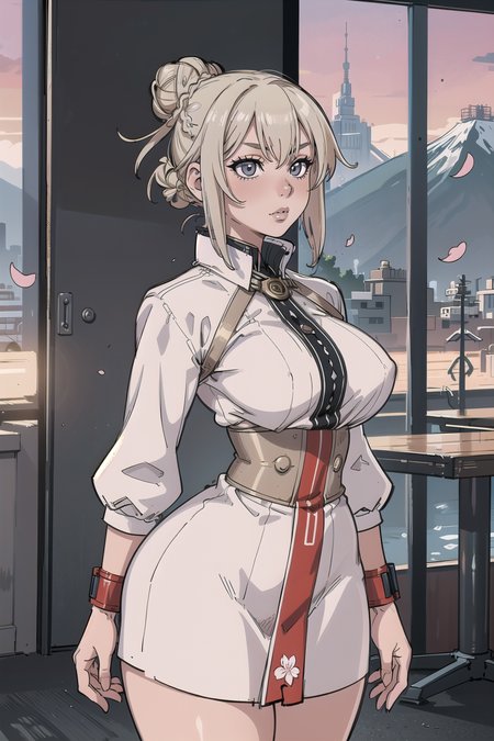 (masterpiece, best_quality, ultra-detailed, immaculate:1.3), epic, illustration, mountain dragoon lord , pauldrons, light slate gray hair with sunset highlights, Tri-Braided Bun,swept bangs, crossed ankles, in cherry blossom, mad scientist's downtown Tokyo, in a steampunk factory, bombshell hair, neon blonde hair, Slicked Back Hair,parted bangs, arm at side / arms at sides<lora:EnvyBeautyMix30:1>