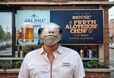 score_9, score_8_up, score_7_up, text title "Drink Barf" 1boy, large head, afternoon, beer mug,, white button shirt, upper body, albinauric_mask, <lora:ryth-albinauric-mask:1>, wide billboard, advertisement,