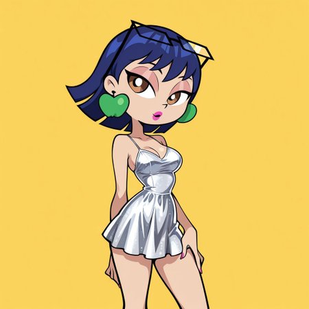 score_9, score_8_up, score_7_up, source_cartoon, lazypos, 1girl, beautiful, masterpiece, best quality, high resolution, great detail, crisp, clear, 8k, Cartoon illustration, cinematic, pretty face, medium breast, sexy, seductive, yellow background, masterpiece, best quality, amazing quality, very aesthetic, absurdres, newest,, upper 
on model, accurate art style, cartoon screencap, show accurate, 
uranusmwatgg,  blue hair, brown eyes, pink lipstick, apple earrings, brown roller skates,
sexy pose, dssequin, silver dress, curvy hips, glasses on head