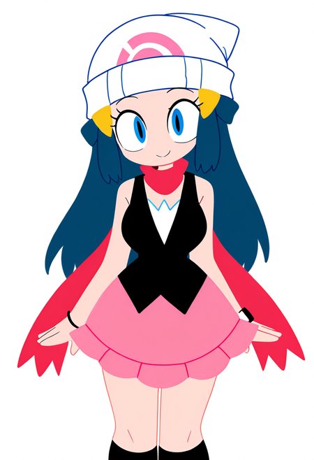masterpiece, best quality, medium breasts, (curvy),   BREAK, zzDawn, blue hair, blue eyes, sidelocks, long hair, bare shoulders, beanie, black shirt, black socks, bracelet, hat, jewelry, kneehighs, miniskirt, pink skirt, red scarf, scarf, shirt, skirt, sleeveless, sleeveless shirt, white headwear, <lora:DawnPokemone_NAI:1.0>smile, looking at viewer, cowboy shot,  leaning forward, head tilt,  <lora:ToonCAT_NAI:0.8>,