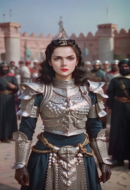 Score_9, score_8_up, score_7_up, anime, BagdadThief, Kodak Motion Picture Film Style, technicolor, 1girl, (helm), helmet, gloves, chainmail, breastplate, shoulder armor, pauldron, armor outfit, exposed midriff, dark hair, pale skin, lipstick