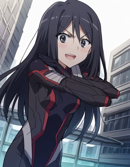score_9, score_8_up, score_7_up, source_anime, <lora:shutaura-sequenzia-movie-ponyxl-lora-nochekaiser:1>, shutaura sequenzia, long hair, black hair, black eyes, hair between eyes, anime screencap,, bodysuit, black bodysuit, pilot suit, megastructure, large, futuristic, building, complex, smile, <lora:x-arms-ponyxl-lora-nochekaiser:1>, x arms, blush, open mouth, leaning forward,, looking at viewer, solo,, dutch angle, cowboy shot