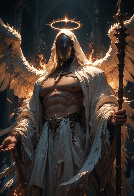 (score_9, score_8_up), score_7_up, score_6_up, 1boy, blindfold, covered eyes, white skin, no face, hood, long sleeves, holding staff, wings, armor, mask, muscular, glowing, halo, abs, cross, fire, pectorals, muscular male, polearm, feathered wings, floating, angel wings, angel, bare pectorals, many eyes, rings, multiple wings, spread wings, large wings, dark, blurry background, dark lighting, dark background, dof, depth of field, detailed line work, low key, dramatic lighting,
<lora:sdxl_lightning_8step_lora:0.9> <lora:Dark_Anime:0.2> <lora:glowneon_xl_v1:0.4>  <lora:- SDXL - vntblk_vanta_shapes_V1.0:0.4>  <lora:CINE-000008:0.2> <lora:unholy-000009:0.3>   <lora:Angelarium v1.1 SDXL:0.6>