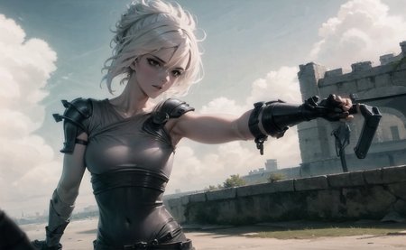 1girl, day, solo, cloud, horizon, long_hair, outdoors, looking_at_viewer, the best quality, masterpiece, castle wall, armored, white hair,shoulder armor, serious, ponytail, 
 <lora:riven_v10:1>