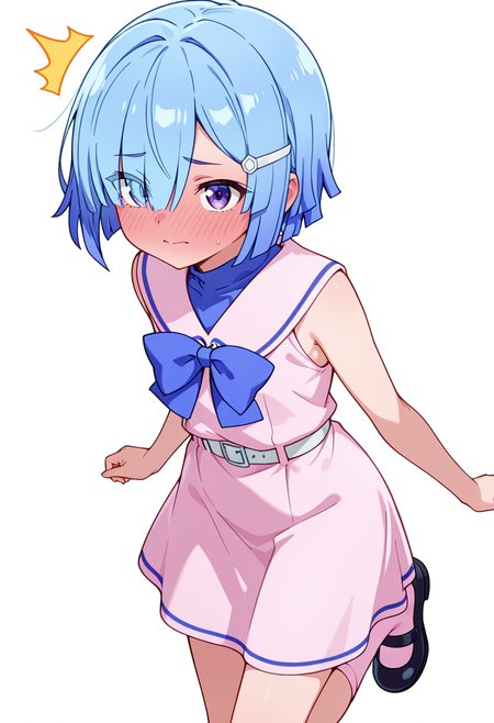 masterpiece,high quality details, absurdres,
 <lora:Imose_Mimika:0.8>
mimika_cnr, 1girl, blue hair, short hair, hair over one eye, purple eyes,eyes visible through hair,hairclip,
mimika_s1, sleeveless, pink dress, sailor collar, white belt, bow,bowtie,pink socks,mary janes,, simple background, white background, front view,solo,, full-face blush,^^^,, slight side bend,dynamic twist,neutral expression,