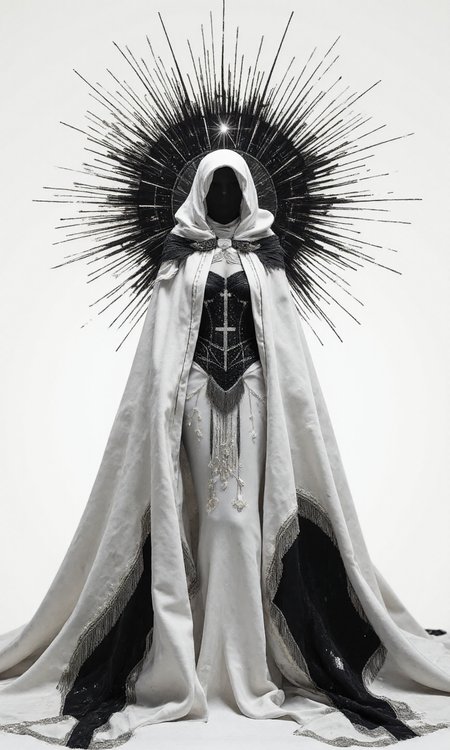 A medium, eye-level shot showcases a digital artwork of a figure adorned in an elaborate, futuristic, white-and-black costume, set against a plain, white background, the overall aesthetic is a blend of high-fashion, gothic, and celestial elements, creating a striking, almost otherworldly appearance. The figure, whose face is completely obscured by a black void beneath a white hood, with its Body pose is standing tall and facing the camera directly, creating an imposing and enigmatic presence, and the pose is static and symmetrical, emphasizing the intricate details of the costume. The image Composition relies on sharp lines, smooth gradients, and a stark contrast between black and white, with subtle hints of silver, creating a sense of futuristic elegance. A large, black, spiked halo-like structure encircles the figure's head, resembling a crown of thorns or a stylized sunburst, with the spikes extending outwards, dominating the upper portion of the image, and a bright spot right on the top of the head. The figure is draped in a flowing, white, satin-like cloak or robe, which covers most of its body, with The cloak features intricate details, such as sheer, layered sleeves with black trim, and delicate, silver embellishments along the edges, and draped elegantly. Beneath the cloak, a black, form-fitting bodice or corset is visible, adorned with sparkling details that resemble a starry night sky, with The bodice features a central, ornate design resembling a stylized cross or celestial symbol, and long, black, fringe-like elements hang from the bottom of the bodice, adding movement and texture. Delicate silver chains and embellishments are draped across the figure's chest and shoulders, adding to the overall celestial and regal aesthetic, all of that is on a Background, is pure white and completely unadorned, The lighting is bright and even, seemingly coming from the front, illuminating the figure uniformly and casting subtle shadows beneath the folds of the cloak and the halo's spikes., <lora:FLUX-daubrez-DB4RZ-v2:0.3> DB4RZ, DB4RZ style painting
<lora:aidmaRealisticSkin:0.8> aidmarealisticskin