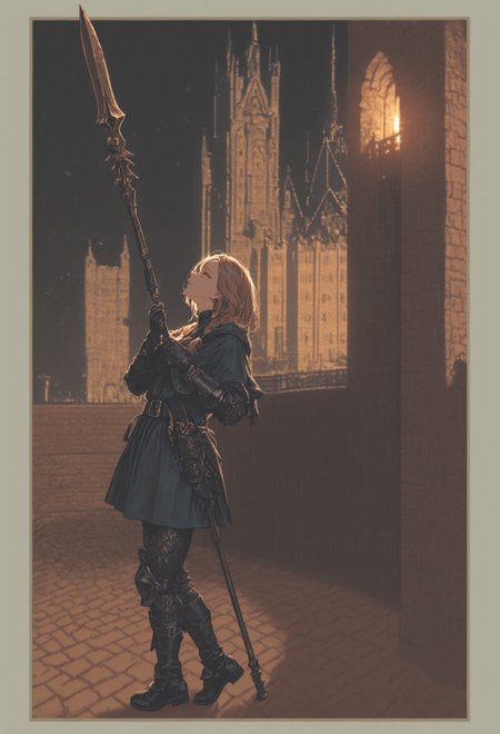 vermis, gothic, female knight, 1girl, solo, from side, brown hair, braids, yellow eyes, blue brigandine, belt, leather gloves, padded leggings, boots, polearm, scabbard BREAK 
medieval courtyard background, dynamic color, relaxed pose, framed, dynamic color, dynamic background, warm tone, dynamic composition, expert shading
BREAK
masterpiece, best quality, very aesthetic, absurdres, amazing quality, newest, very awa, highly detailed, fine detail, intricate detail, dynamic lighting, volumetric lighting, ambient light, soft light, dimly lit, 
outdoors, standing, tower, gothic cathedral, rooftop, spire, cityscape, backlight, high contrast, cinematic, scenery, perspective, perfect lighting, Expressiveh, 