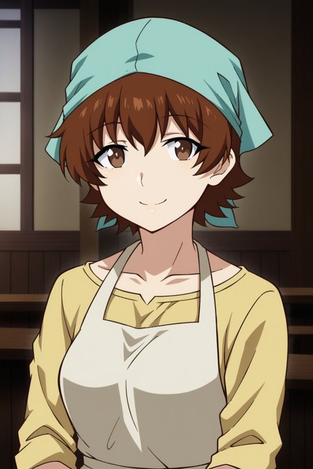 <lora:Onesta-Isekai_Meikyuu_de_Harem_wo:0.8>,Onesta,1girl,brown hair,brown eyes,short hair,,apron,yellow shirt,bandana,hair scarf,,upper body,smile,looking at viewer,indoors