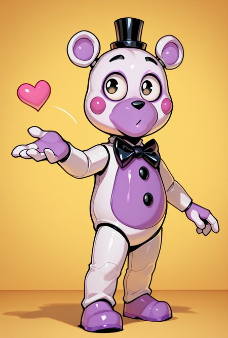 <lora:helpi-10:1> helpi, solo, top hat, bowtie, animal ears, mini hat, furry, .  teddy, animatronic, robot, toy ,  <lora:FrierenBlowingKissMeme_illusXLNoobAI_Incrs_v1:1> blowing kiss, heart, puckered lips, o3o, masterpiece, best quality, amazing quality, very aesthetic, absurdres, newest,