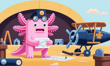wh1m5y_style flat illustration, axolotl, close-up of a pink axolotl in a tiny aviator cap and goggles, standing on a miniature runway beside a tiny biplane with outstretched wings; its frilly gills flutter with excitement as it checks a tiny map, its round black eyes filled with anticipation; soft morning sunlight highlights the details on the aviator cap and the polished plane, while the tilt-shift effect blurs the background of a small hangar, other tiny aircraft, and scattered tools, creating an adventurous and nostalgic aviation scene<lora:Axomodel_Flux_V2.safetensors:1.0:1.0> <lora:wh1m5y_style flat illustration__FLUX.safetensors:1:1>