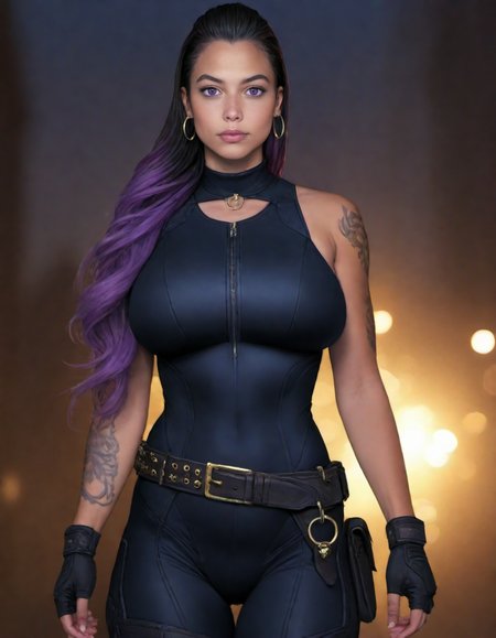 <lora:Reyna_PDXL-v01:1> ReynaDG,dark-skinned female, two-tone hair, long hair, purple hair, purple eyes, black hair, hair slicked back,arm tattoo,glowing,black bodysuit, black gloves,belt,fingerless gloves, huge breasts, mature female,   BREAK
cowboy shot, <lora:add-detail-xl:1> <lora:detailed_notrigger:1> <lora:For_Pony_v0.2:1> raw lighting, overexposed, harsh flash, dark room with bright light, BREAK, photo, shallow depth of field,vignette,highly detailed,high budget,bokeh,cinemascope,moody,epic,gorgeous,film grain,masterpiece,