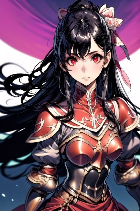 TheresiaHortensia, 1girl, solo, long hair, black hair, hair ornament, red eyes, ponytail, pantyhose, red armor, gauntlets, armored dress, Upper body, masterpiece, best quality, 
hair ribbon, (best quality) , (highly detailed) ,masterpiece ,absurdres ,detailed face ,beautiful face ,(detailed eyes, deep eyes, anime eyes),   (masterpiece, best quality, very aesthetic, ultra detailed), intricate details, 4k, very aesthetic, source_anime, detailed, high quality, beautiful, masterpiece, detailed eyes,
