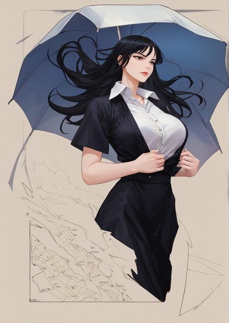 1girl, huge breast, black hair, black shirt, collared shirt, feet out of frame, floating hair, limited palette, long hair, map, shirt, short sleeves, solo, umbrella, white shirt, wind,,zPDXL3, <lora:CalaCala_Spiral:1>