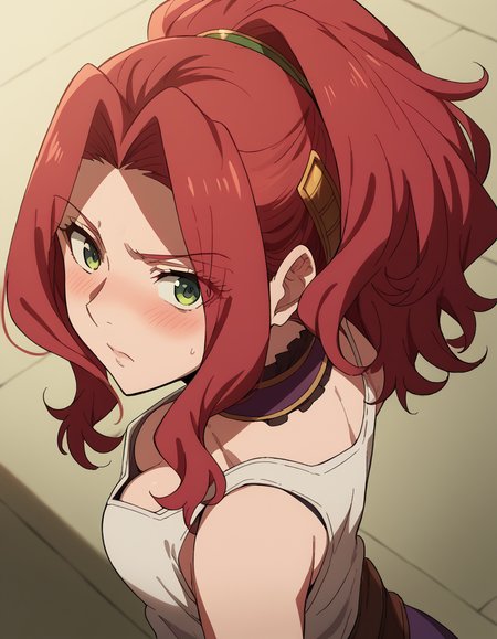 score_9, score_8_up, score_7_up, source_anime, <lora:malty-melromarc-s1s2s3-ponyxl-lora-nochekaiser:1>, malty melromarc, long hair, green eyes, red hair, parted bangs, ponytail, medium breasts,, <lora:downblouse-from-behind-ponyxl-lora-nochekaiser:1>, downblouse from behind, downblouse, from behind,, blush, tank top, white tank top, cleavage, from above, nape, head down, looking at viewer, looking back, looking up, sideways glance,,