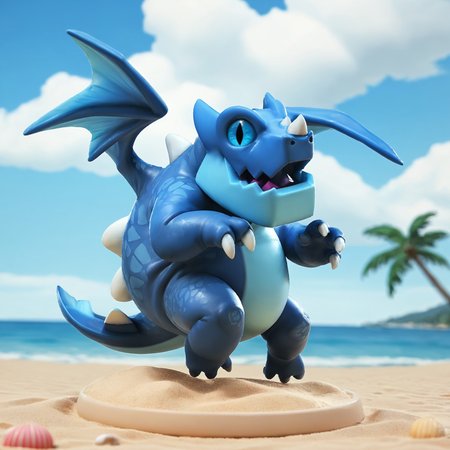 score_9, score_8_up, score_7_up,source_anime, masterpiece, high quality, best quality, rating_safe,BREAK,no humans,colored sclera, full body, from side, baby form, open mouth, big head, claws, beach, Standing, electro dragon, nose horn, blue sky, sea, sand, tree, (tail fin)