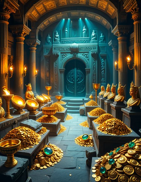 A hidden treasure chamber deep within an ancient temple, illuminated by the warm golden glow of torches and mystical blue light from enchanted crystals. The room is filled with piles of gold coins, jewel-encrusted goblets, and ancient artifacts covered in dust. Massive stone statues of forgotten deities guard the chamber, their eyes glowing faintly as if watching intruders. In the center, a grand pedestal holds a legendary artifactâan ornate golden crown encrusted with emeralds and sapphires, shimmering with an otherworldly aura. The walls are adorned with intricate carvings depicting lost civilizations, and creeping vines hint at centuries of abandonment. The atmosphere is mystical and slightly eerie, with a sense of both wonder and danger. The air is thick with the scent of aged parchment and burning incense, adding to the chamberâs ancient and mysterious feel. Cinematic lighting with dramatic shadows enhances the depth and richness of the scene, creating a visually stunning and immersive environment.
<lora:SDXLFaeTastic2400:0.4> <lora:extremely_detailed:0.4> extremely detailed, <lora:treasure_ch4mb3r:1>,treasure ch4mb3r, Masterpiece,best quality,hi res,8k,hi res,8k,award winning,(sharp focus, intricate, highly detailed),