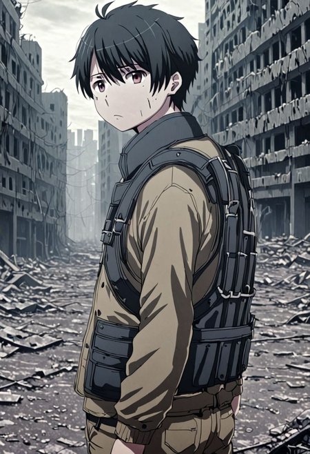 high resolution, solo, best quality, 1Boy, Inaho Kaizuka, Black Hair, dystopia, abandoned city, OverallDetail