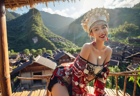 (21yo chinese cougar is living at home in her (red black sexy hmong cloth in a bamboo hut in thailand:1.2) , breathtaking view from a high vantage point overlooking a Hmong village nestled in a beautiful natural valley , (35mm, F/2.8) (insanely detailed and intricate, character, hypermaximalist, elegant, beautiful, revealing, appealing, attractive, amative , hyper realistic, super detailed, halo,  reflections) smiling, (curvy body:1.2), toned body,  pale skin , (lens Flare:1.3) , (god rays:1.2) , smiling at viewer (eye liner and lipstick) , body like gravure japan ,  (random camera angle , portrait : 1.4) , full and healthy figure , The clothing should enhance her silhouette , subtle hint of bare shoulder , halo ,