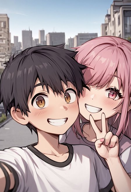 score_4,score_5,score_6,score_7_up,score_8_up,score_9 ((masterpiece,best quality,ultra detailed,highres,HD,4k:1.2)), 
chibi,upper body,deformed,| |,
1 girl and 1 boy,hetero,girl focus,
bobcut pink hair giri,large breast,
black short hair boy,
day, outside, city, Couple Selfie, sitting, fully clothed, 
smile,happy,open eyes,Smiling with teeth showing, peace sign,