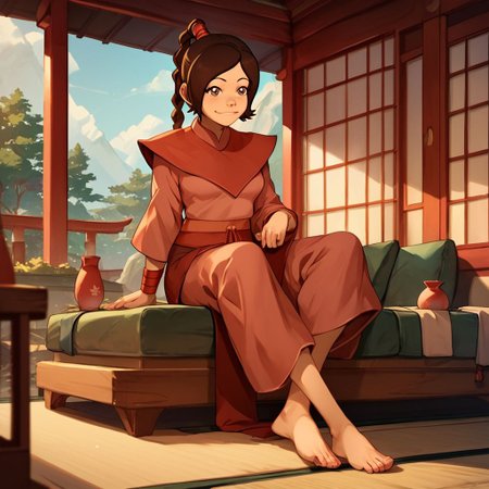 score_9, score_8_up, score_7_up, score_6_up, score_5_up, score_4_up, rating_questionable, Ty Lee, in a Japanese house, sitting on a couch, barefoot, small smile