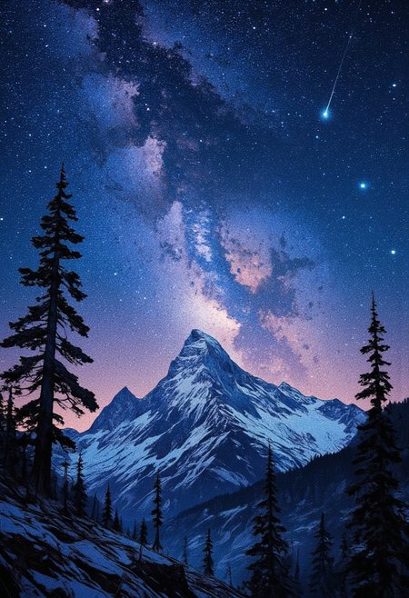 A breathtaking night-time landscape of a mountainous region under a vast, star-filled sky. The Milky Way stretches across the heavens in a dazzling display of cosmic beauty, its glowing core illuminating the darkness with a soft, ethereal light. Two shooting stars streak across the sky, leaving faint trails behind.
In the foreground, towering evergreen trees stand in silhouette against the celestial glow, their dark forms adding depth and scale to the scene. Rugged mountain peaks rise in the background, their snow-capped summits faintly illuminated by the starlight. The air feels crisp and clear, with a subtle atmospheric glow near the horizon.
The composition evokes a sense of solitude and wonder, capturing the majesty of the night sky over a tranquil wilderness. The contrast between the deep blues and purples of the sky and the soft glow of distant galaxies creates a truly mesmerizing and peaceful scene.
,  anime, cyberpunk