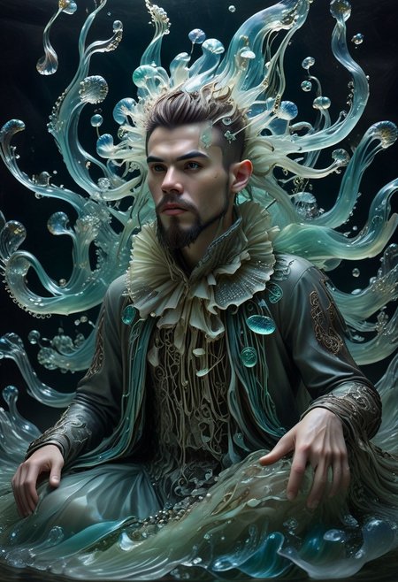 long mid shot portrait photography of an ethereal young man warrior, (glowing runes: 1.1), fairytale aesthetic. light green sheme, Photorealistic, intricate details, realism, sfw, ultrasharp, photography, floating, water, under water, jellyfish, haute couture, tentacles, bioluminescence