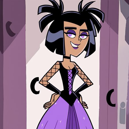 score_9, score_8_up, score_7_up, score_6_up, score_5_up, score_4_up, BREAK, (source cartoon), (rating safe),  <lora:Sam_Manson:1>, indoors, 5 fingers, hands on hips, purple eyes, sam manson, makeup, smile, purple dress, dress, fishnets, two side up, short hair, 1girl, solo,
