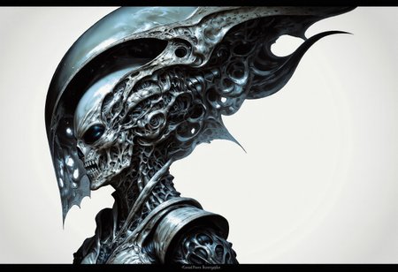 The image features an abstract representation of a skull intertwined with mechanical elements, showcasing a fusion of organic and mechanical forms. The skull has a ghostly, x-ray-like appearance, encased in a transparent, bubble-like structure that emphasizes its intricate details. The contrast between darker and lighter areas creates depth and movement, evoking themes of technology and humanity. The piece, signed “Clear Note” in a subtle script at the bottom right, seamlessly blends anatomical and industrial designs.
To incorporate a Xenomorph element into the image, consider adding elongated, biomechanical features characteristic of the creature, such as:
1. **Head Shape**: Alter the skull to feature a more elongated, sleek profile resembling the Xenomorph's distinct head shape.
2. **Texture**: Introduce a glossy, chitinous texture reminiscent of the Xenomorph's exoskeleton on parts of the skull and spine.
3. **Tail**: Add a segmented tail extending from the base of the skull, curling around the mechanical components.
4. **Eyes**: Replace traditional eye sockets with smooth, reflective surfaces to mimic the alien's dark gaze.
5. **Biomechanical Integration**: Blend alien-like limbs or appendages that appear to merge with the existing skeletal and mechanical structures.
This composition would maintain the abstract style while enhancing the eerie, alien atmosphere central to the Xenomorph design.