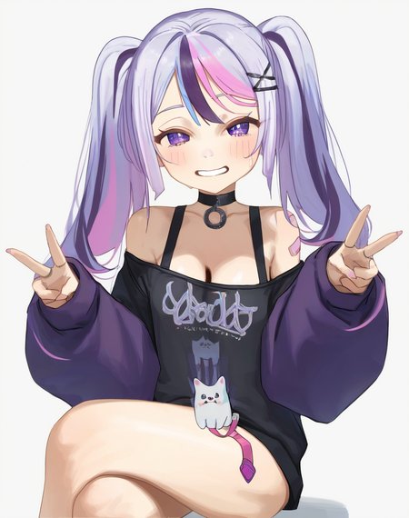 score_9, score_8_up. score_7_up,  uncensored, <lora:syhan:1>, syhan, score_9, syhan, 1girl, purple eyes, multicolored hair, double v, twintails, smile, crossed legs, x hair ornament, looking at viewer, streaked hair, sitting, white background, long hair, black choker, black shirt, small breasts, hairclip, simple background, purple hair, grin, off shoulder, long sleeves, thighs, blush, bare shoulders, pink hair, cleavage, grey hair, bandaid