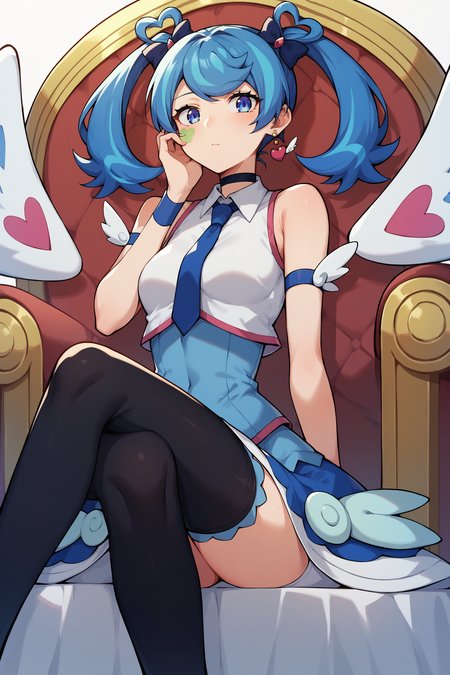 score_9,score_8_up,score_7_up,score_6_up,score_5_up,score_4_up, source_anime, aaangel, twintails, blue hair, hair bow, blue bow, blue eyes, facial mark, heart earrings, wings, heart, choker, blue necktie, sleeveless shirt, white shirt, arm strap, blue skirt, black thighhighs, <lora:blue_angel_XL_v1:0.8>, throne, sitting, crossed legs, hand on own cheek,