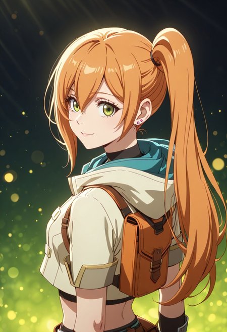 score_9, score_8_up, score_7_up, dynamic view, eye_focus, solo, looking_at_viewer, 1girl, 
masterpiece, best quality, bokeh, luminescent background,
( sina,   orange hair, long hair, hair between eyes, bangs,  side ponytail, green eyes, jewelry,    brown glowes, fingerless glowes, crop top, cropped jacket, hood, hood down, back pack, short sleeves, shorts, belt, midriff,  navel, waist bag, black thighhighs, thigh boots,  )
portrait, happy