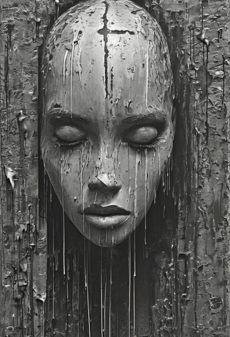 ((masterpiece)), ((best quality)), 8k, high detailed, ultra-detailed,fenliexl, surrealism,solo, thriller \(theme\), monochrome, greyscale, dripping, computer code, looking at viewer, african art, <lora:XSfenlie:1>
