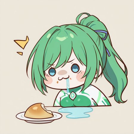 <lora:ultragirl_jue_ill_v1.0:1>,jue,green hair,ponytail,long hair,blue eyes,bodysuit,green chest jewel,white chest jewel,multicolored bodysuit,green body markings,impossible bodysuit,
1girl,solo,
<lora:chibi_drool_noob10-xl-e3:1>,chibi,drooling,head only,^^^,:3,food,
BREAK, textless version,